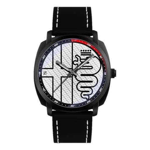 360 tech orologio da polso nero opaco con cinturino in pelle pu japan movt gadget compatibile alfa romeo quadrifoglio gtam (croce&biscione total white)