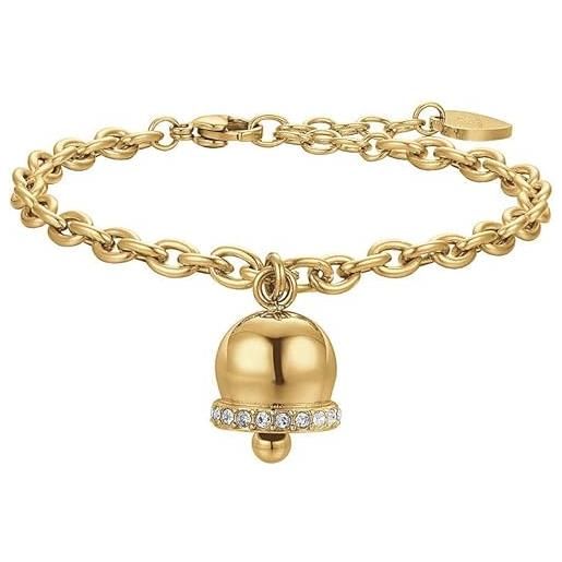Luca Barra bracciale da donna bracciale in acciaio dorato con campanella con cristalli bianchi. Lunghezza: 16 + 3 cm. Lunghezza ciondolo: 15 mm. La referenza è bk2324