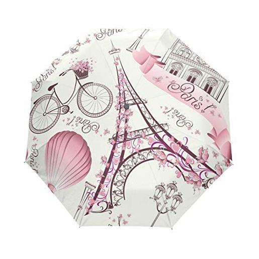 QMIN ombrello pieghevole per auto, romantico torre eiffel di parigi antivento, protezione anti-uv, da viaggio, compatto, per donne, uomini e ragazze