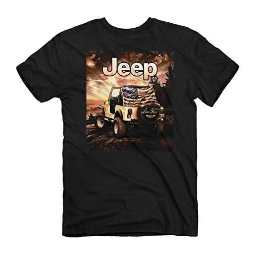Jeep live free - maglietta a maniche corte da uomo, colore nero | usa sunset, bandiera americana, design cj7 | 100% cotone filato ad anelli, nero, nero, l