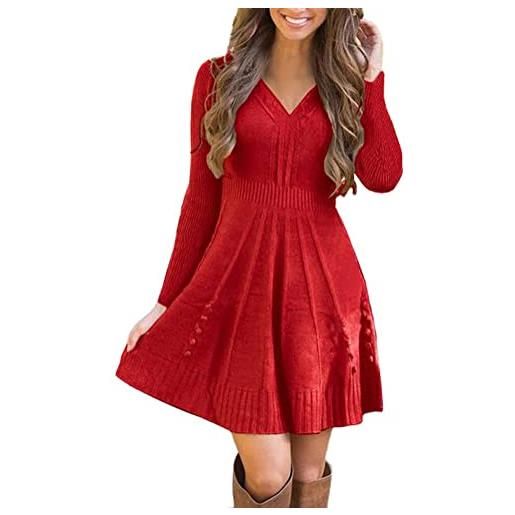 ORANDESIGNE vestito casual donna invernale in maglione abito vita alta elegante in girocollo di orlo svasato abito a trapezio caldo j vino rosso 44