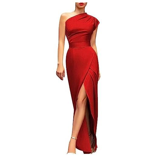 Yeooa vestito lungo estivo elegante da donna con una spalla scoperta vita alta e spacco anteriore per feste formali (rosso, xl)
