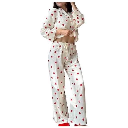 Dubute pigiama da donna a maniche lunghe con bottoni e pantaloni, 2 pezzi, con stampa a cuore, per san valentino, bianco, l