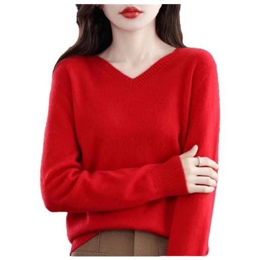 Haitpant autunno inverno 100% lana merino maglione donna maglia cashmere pullover di base scollo a v chic top caldi, rosso, l