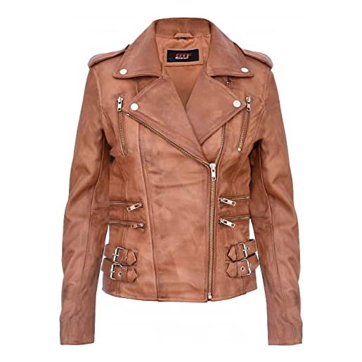 Generic giacca da motociclista da donna in vera pelle 100% nappa marrone chiaro, marrone chiaro, l
