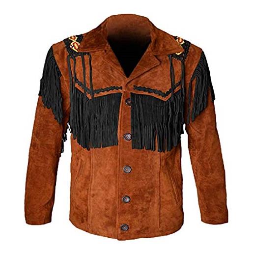 LEATHERAY giacche in pelle occidentale per uomo giacca in pelle da cowboy e camicia in pelle scamosciata con frange, pelle scamosciata marrone chiaro e nero, large