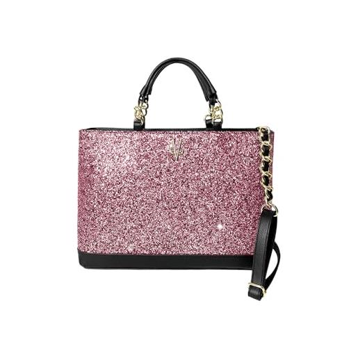 VALENTINA GIORGI - vg- borsa a mano nera con glitter rosa cipria, borsa con manici a catena in similpelle e finiture oro | borse da donna per uno stile giovane e moderno