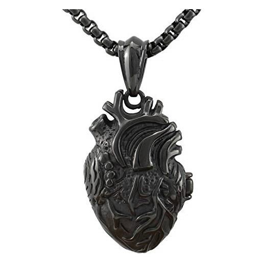 Serebra Jewelry - collana con ciondolo a forma di cuore anatomico 3d, in acciaio inox, argento, colore: nero, oro, unisex, argento sterling, 