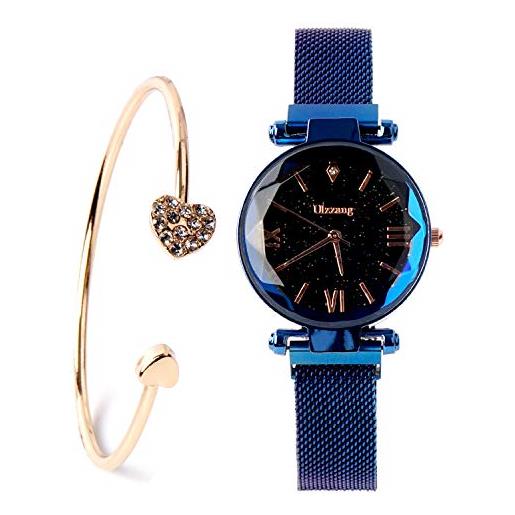 FUNGORGT orologi da polso da donna al quarzo con quadrante stellato e quadrante a cielo stellato, con cinturino magnetico in rete e bracciale, c-blu, braccialetto
