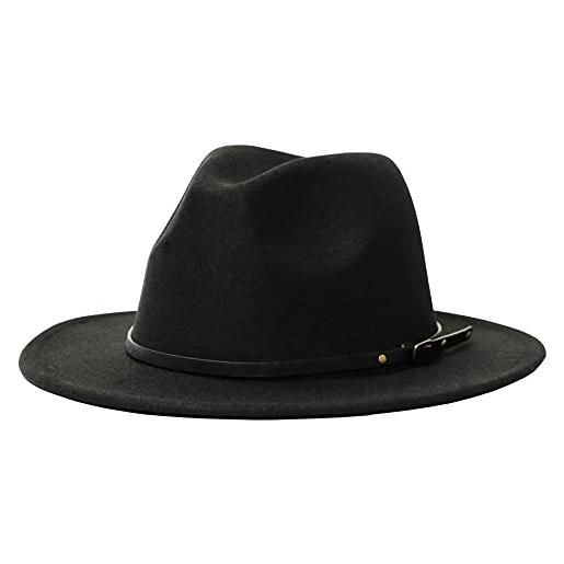 OVOY cappello fedora classico da donna, con tesa larga e fibbia per cintura - nero - 56/58 cm