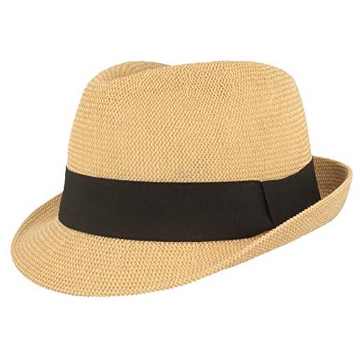 Hut Breiter cappello di paglia trilby | cappello estivo | cappello da sole - retrattile con fascia in grosgrain monocolore - particolarmente leggero, flessibile, delicato sulla pelle e comodo beige tinta unita. M
