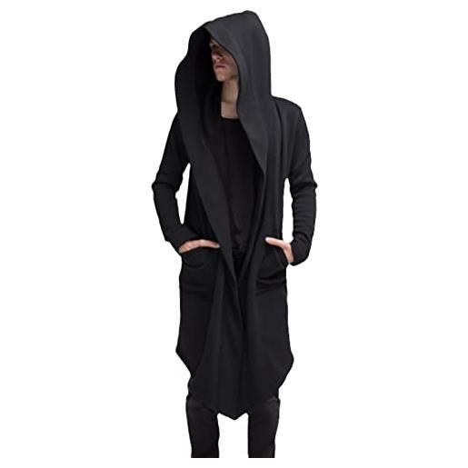 HanzhuoLG mantello con cappuccio da uomo tinta unita lunghezza media moda sport hip hop felpa cardigan mantella nero m