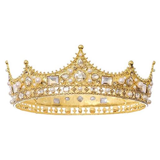 Jufjsfy corona per uomo corona reale costume accessorio prom barocco vintage cristallo perla sposa matrimonio tiaras (oro), perla, perla