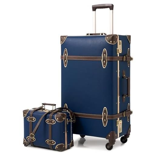 Nzbz valigia trolley a mano, custodia rigida, set da 2 pezzi, valigetta da viaggio con 4 ruote, design alla moda, custodia in pelle, custodia da donna con lucchetto, blu, s(12)+m(20), vintage