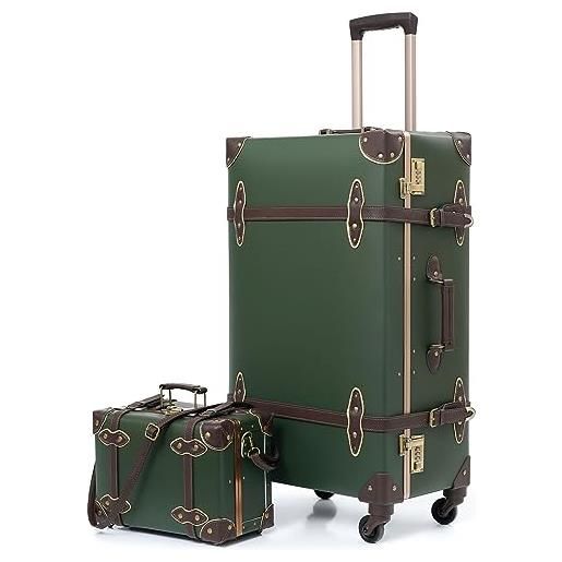 Nzbz valigia trolley a mano, custodia rigida, set da 2 pezzi, valigetta da viaggio con 4 ruote, design alla moda, custodia in pelle, custodia da donna con lucchetto, verde, s(12)+m(20), vintage