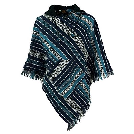 GURU SHOP guru-shop, poncho hippie chic, poncho andino con frange, blu, cotone, dimensione indumenti: one size, giacche, cardigan e poncho
