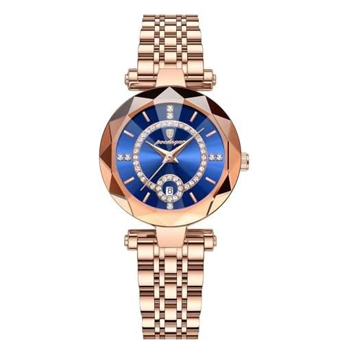 Generico women's waterproof alloy watch ultra-thin fashion quartz watch (rose gold blue)