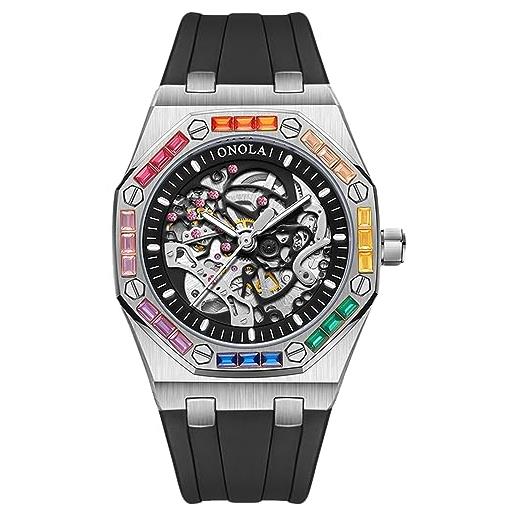 RORIOS orologio da uomo automatico meccanico orologi da polso scheletrato impermeabile orologi colorato diamante orologi bello cinturino in silicone nero argento