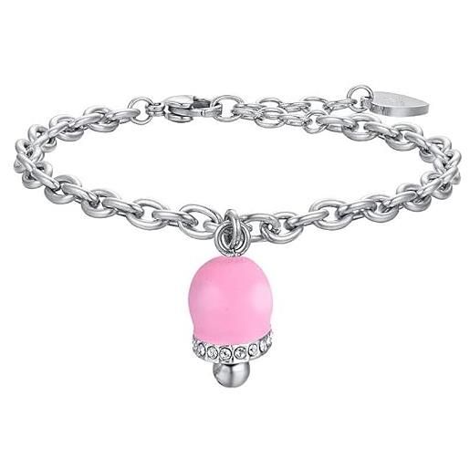 Luca Barra bracciale, collezione summer. Bracciale da donna in acciaio con campanella con smalto rosa e cristalli bianchi. La referenza è bk2463