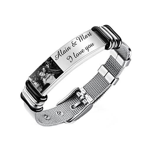 Lam Hub Fong bracciale per uomo personalizzato inciso bracciale identificativo con foto & testo per papà marito misura braccialetti regolabile per uomo donna amanti regalo di compleanno san valentino (argento)