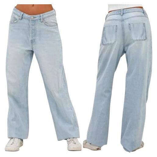 UqAbs baggy jeans da donna a vita alta, wide fit jeans high waisted jeans elasticizzati, con gamba dritta, in denim tinta unita (colore: light blue, size: m)