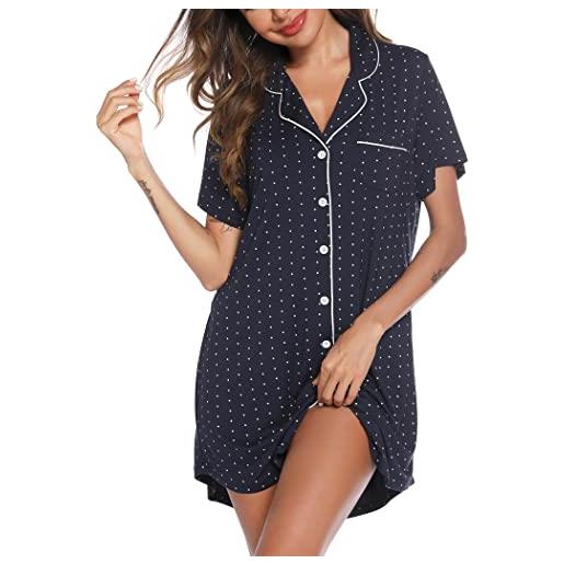 Leikar camicia da notte da donna, con bottoni, a maniche corte, taglie s-xxl, maniche lunghe, nero, l