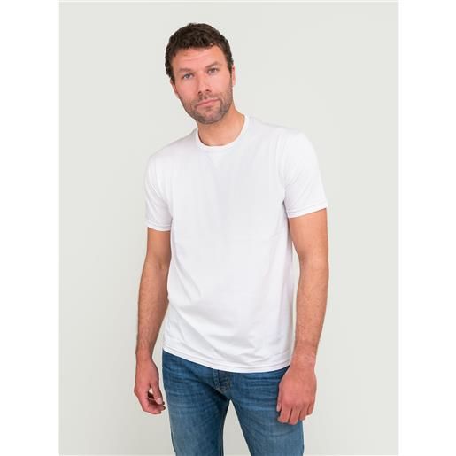 ANDREA MORANDO t-shirt misto cotone bianca con dettaglio cucitura grigia e rossa. 