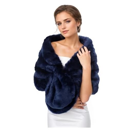 Lifup scialle stola donna pelliccia sintetica sciarpa elegante morbido coprispalle per matrimonio invernale cerimonia sposa damigella blu navy