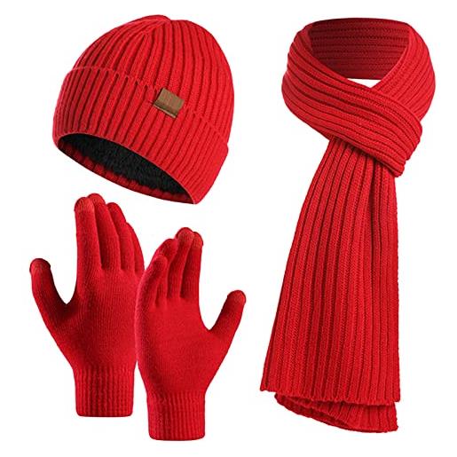 Kunyeah 3pcs inverno unisex cappello sciarpa guanti set caldo maglia beanie cappello touchscreen guanti sciarpa lunga vestito per uomini e donne, red, taglia unica