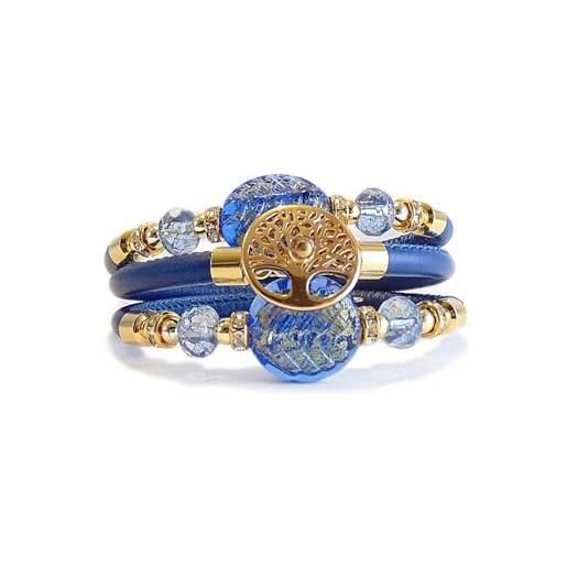 VENEZIA CLASSICA - bracciale da donna albero della vita con perle in vetro di murano originale e tre giri di vera pelle toscana, collezione bloom, con foglia in oro 24kt, made in italy (blu)