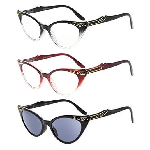 Eyekepper donne 3 paia occhiali da vista per signore occhi di gatto vintage occhiali, includi occhiali da sole (nero trasparente/rosso trasparente/grigio lenti, 0.00)