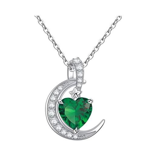 Qings ciondolo maggio collana smeraldo birthstone pendente luna in argento 925 cuore pietra verde donna mamma gli amici