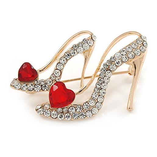 Avalaya - spilla a forma di scarpa con tacco alto, con cristalli trasparenti e rossi, 40 mm