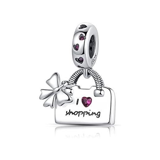 MGIUL i love shopping bow handbag charm per donne bracciali collane con 5a cubic zirconia 925 sterling silver pendenti perline gioielli regalo per ragazze ragazzi