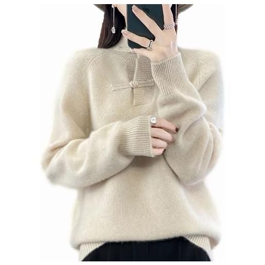 CLEIDE maglione maglia donna maglione pura lana vergine 100% , maglione donna lavorato maglia con bottoni a disco vintage in lana (color: beige, size: xxl)