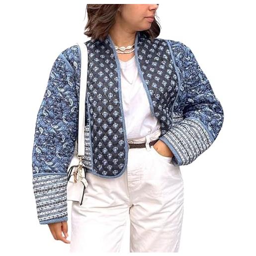 Yeooa giacca trapuntata da donna giacca corta con stampa floreale cardigan da donna giacca leggera da donna (blu, s)