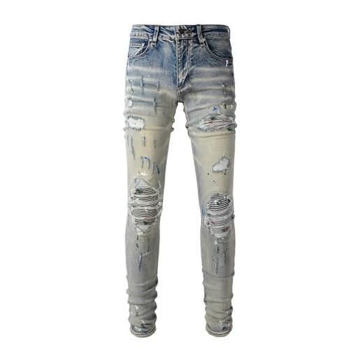 CABULE jeans strappati europei e americani di high street toppe con graffiti di inchiostro spruzzati pantaloni slim fit elasticizzati a gamba piccola-azzurro-38