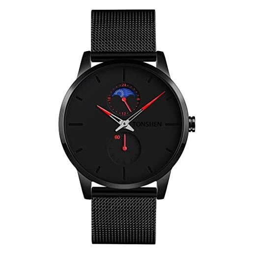TONSHEN uomo orologio fashion design semplice acciaio inossidabile analogico quarzo fase lunare orologi da polso (rosso)