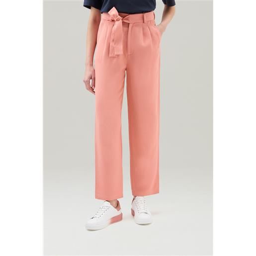 Woolrich donna pantaloni in misto lino con cintura in tessuto rosa taglia xs