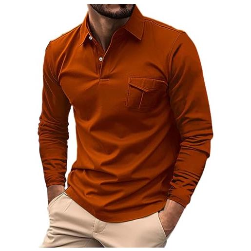 Generic camicia uomo bianca tinta unita con bottoni casual polo a maniche lunghe primaverili autunnali alla moda da uomo t shirt uomo manica lunga (orange, xxxl)