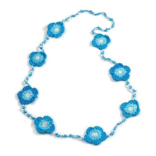 Avalaya collana lunga fatta a mano con perline di vetro azzurro/acqua/bianco all'uncinetto con fiori azzurri/bianchi, lunghezza 100 cm, misura unica, cordoncini