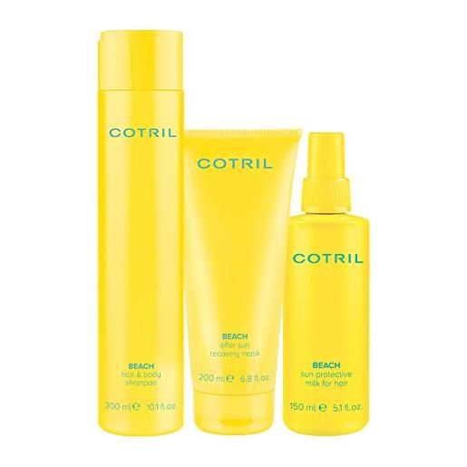 Cotril beach kit solari capelli composto da: 1 shampoo doccia 300ml+ maschera 200ml+ olio corpo/capelli 150ml + pochette