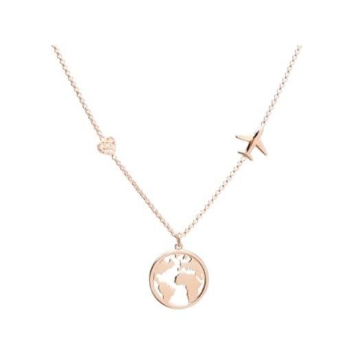 WearTravelers collana mappamodno con aereo e piccolo cuore luminoso in argento 925 - idea regalo per donna viaggiatrice - prodotto made in italy - modello atlanta (oro rosa)