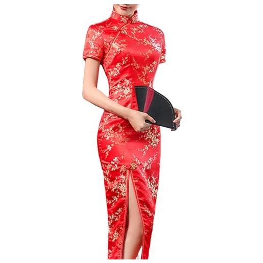 Chicmine vestito da capodanno signora cheongsam manica corta qipao abito stile cinese ricamo design split matrimonio tradizionale qipao bella abbigliamento femminile, nero , xxxxl