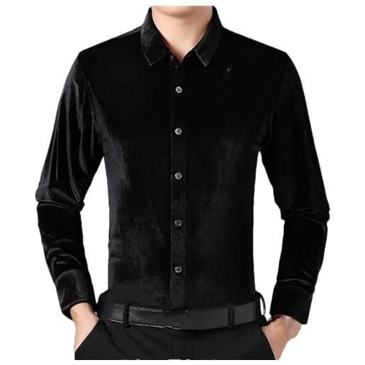 Generic camicia da uomo in velluto a maniche lunghe primavera e autunno camicia classica monopetto ricamata, nero, xl