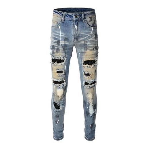 CABULE jeans high street con toppa sottile elasticizzata retrò effetto invecchiato-azzurro-38