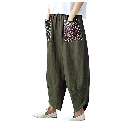 IQYU pantaloni patchwork da donna in stile etnico con elastico in vita bianco stretch pantaloni donna, verde, xxl