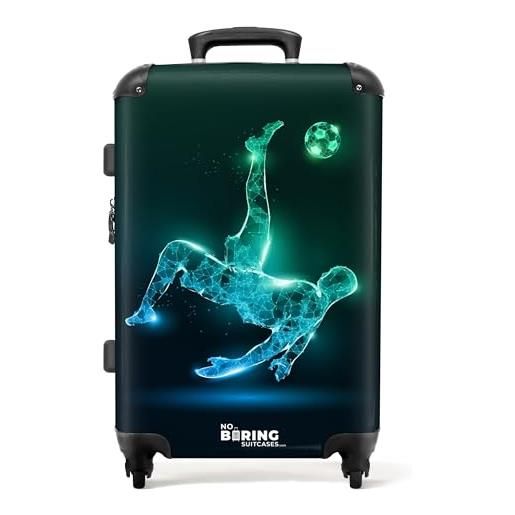 NoBoringSuitcases.com © valigia per bambini valigia da viaggio bagaglio per bambini a 4 ruote, lucchetto tsa (silhouette di un giocatore di calcio in verde e blu), (valigia media 67x43x25 cm)
