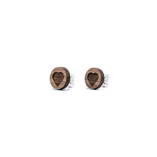 huamet. orecchini a perno cuoricini in vero legno di noce e argento 925 con chiusura a farfalla, design semplice - prodotto di qualità made in alto adige - e1403