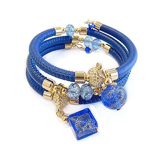 VENEZIA CLASSICA - bracciale da donna con perle in vetro di murano originale e vera pelle toscana a tre giri blu, con foglia in oro 24kt e argento, made in italy certificato (dorato)